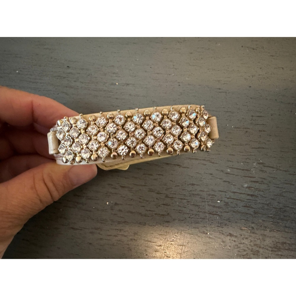 Cream Faux Leather Rhinestone Cuff Bracelet Gold Tone Adjustable Snap Closure